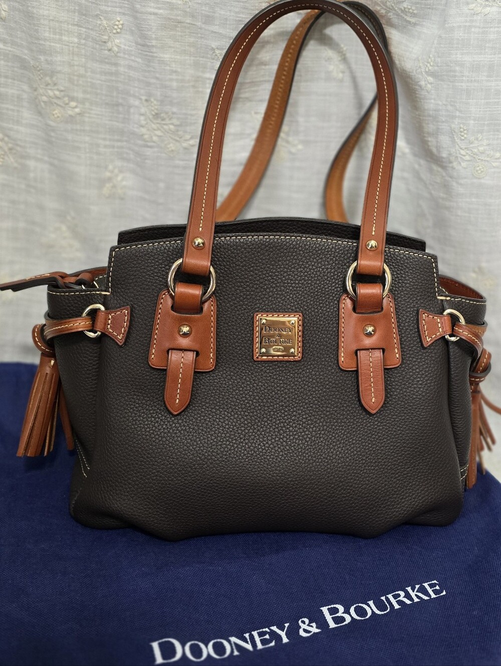 Dooney & Bourke Brown Pebbled Leather Satchel with Tan Trim